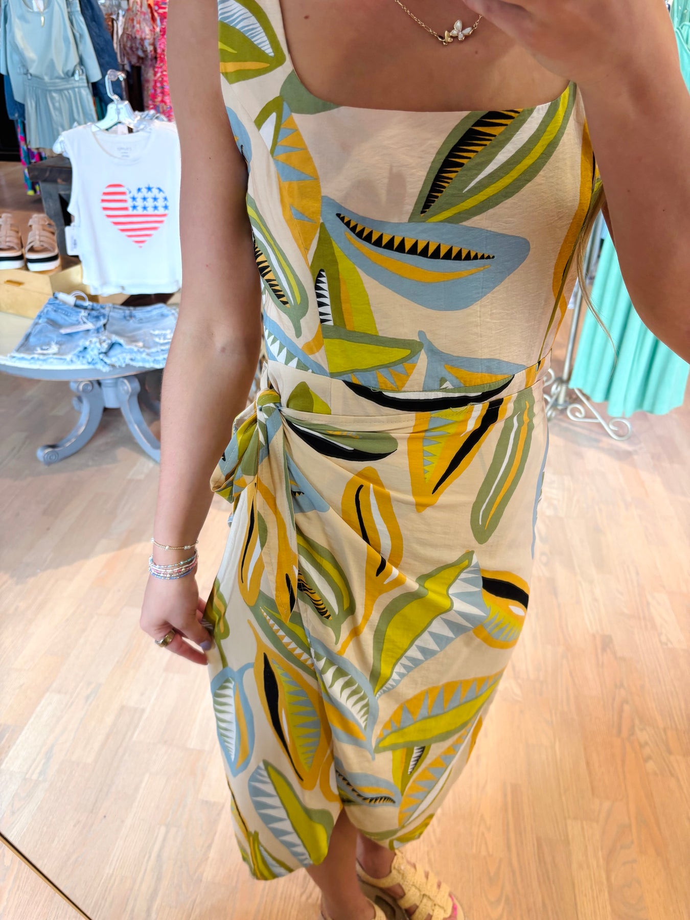 KARLIE ABSTRACT LEAF WRAP TANK DRESS